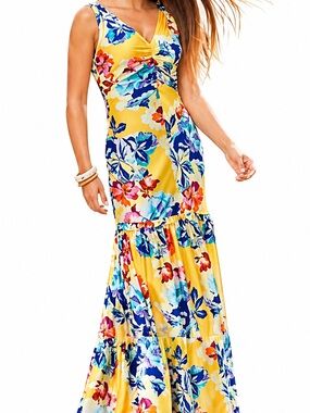 Boston Proper Yellow Floral V-Neck Maxi Dress